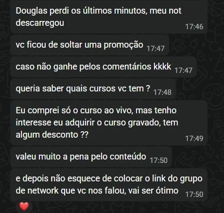 Aluno elogia o conteúdo e pede o grupo de network