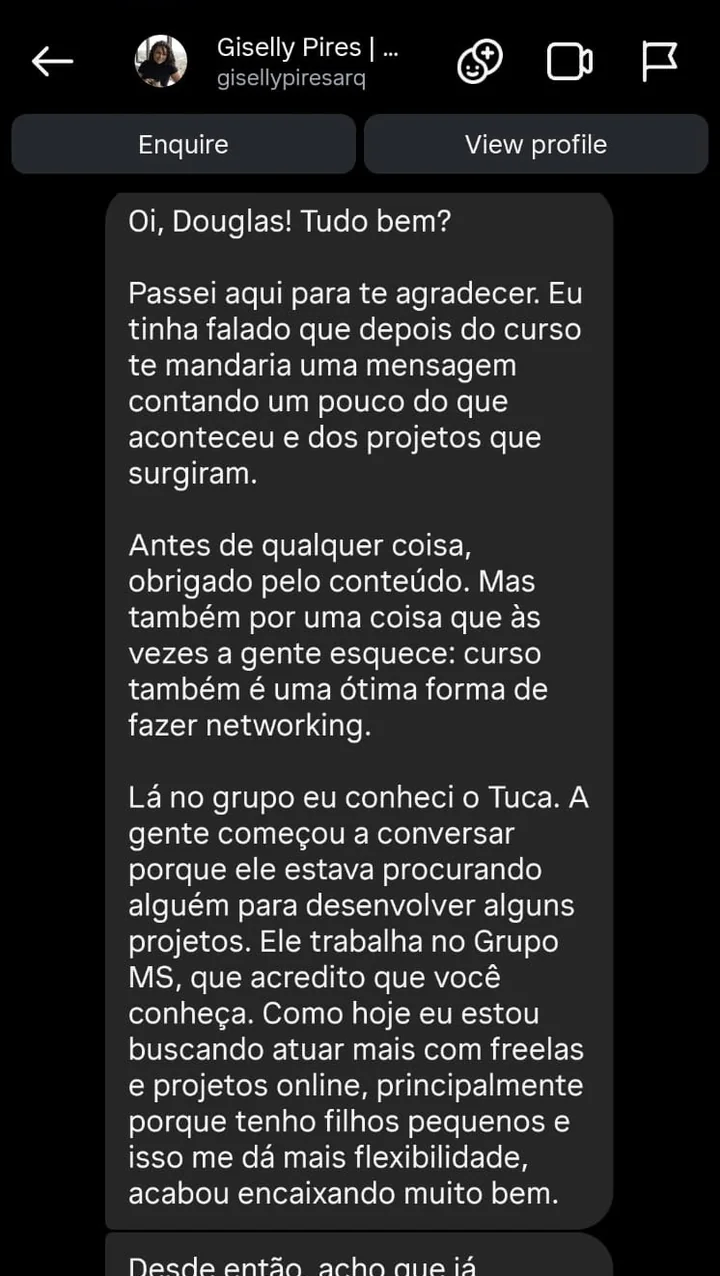Giselly Pires agradece o conteúdo e conta que fez networking no curso