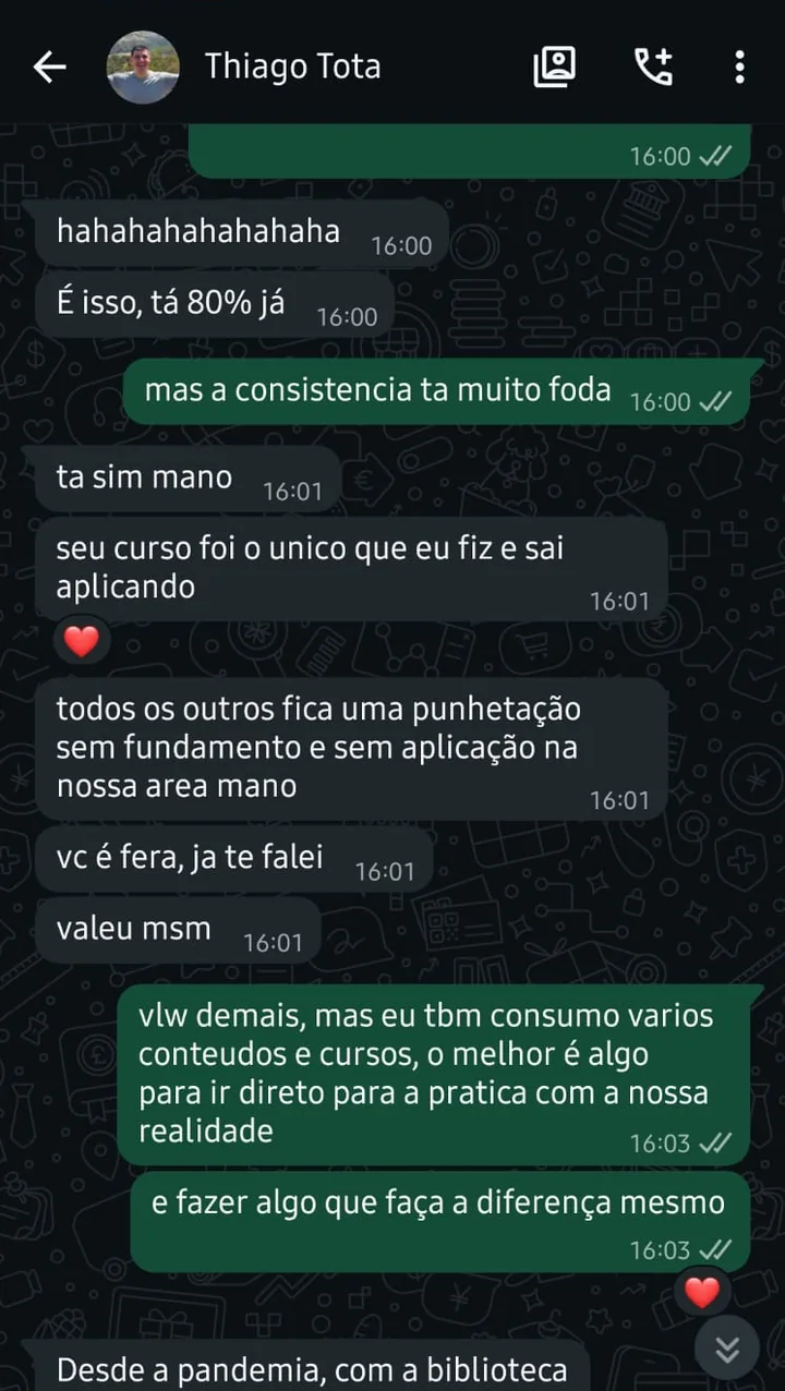 Thiago Tota conta que foi o único curso que fez e saiu aplicando